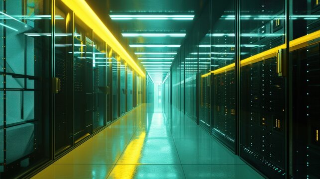 Data center hallway with bright light. Generate AI image