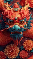 Traditional Chinese-themed backdrop featuring dragon, oriental ornaments, lively lanterns, and a palette of rich red hues.

