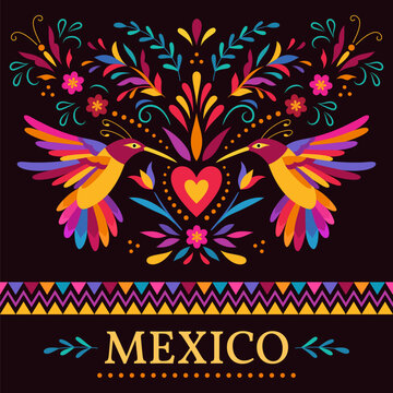 Festive colorful banner, card, invitation in Mexican Otomi embroidery style with birds, floral and floral pattern.