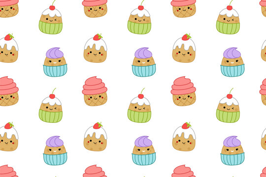 Cute kawaii cupcakes on seamless pattern. Squishmallow. Cupcake. Kawaii, Vector