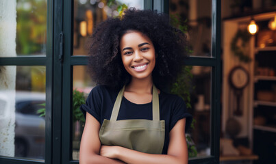 Portrait of young African-American curly woman small business owner of coffee shop standing at entrance wearing khaki apron and black shirt - obrazy, fototapety, plakaty