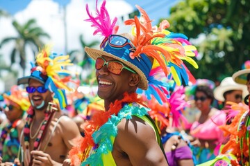 A diverse group of individuals wearing vibrant costumes and hats, gathered together for an...