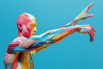 Obraz na płótnie Canvas Colorful Muscles Compose the Human Body, A colorful, exaggerated depiction of a strained muscle, AI Generated