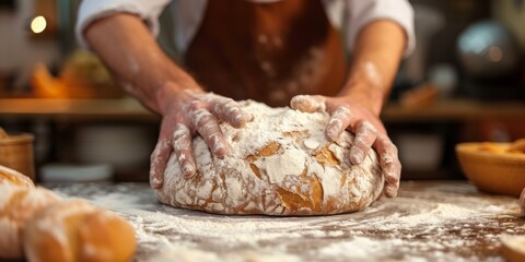 A Baker Kneads Dough At A Table, Masterfully Creating Fresh Bread. Сoncept Bread-Making Process, Artisan Baking, Culinary Craftsmanship, Dough Kneading, Freshly Baked Bread