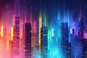 This photograph showcases a bustling and colorful cityscape with various architectural structures and a vivid blend of colors, A colourful city skyline composed of server towers, AI Generated