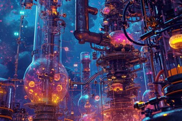 A Futuristic City With an Array of Pipes and Brilliant Lights, A complex illustration of molecular machines at work, AI Generated