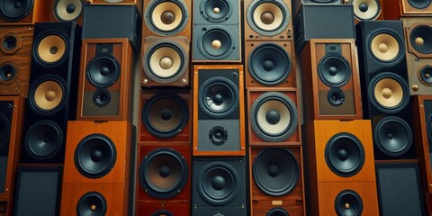 A Collection Of Large, Retrostyle Speakers Showcased Impressively. Сoncept Vintage Vinyl Collection, Retro-Inspired Music Setup, Nostalgic Speakers Display
