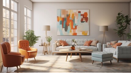 Fototapeta premium Opt for neutral tones in furniture and walls, allowing pops of color in accessories and decor to bring vibrancy to the living spacear