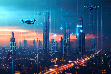 futuristic cityscape with flying cars and neon lights