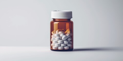 A Medicine Bottle Filled With Tablets Stands Alone On A White Background. Сoncept Medicine Bottle, Tablets, White Background, Solo Shot