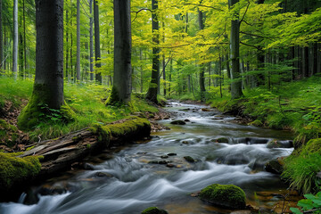 nature-inspired wallpaper featuring a serene forest scene with trees and a flowing river