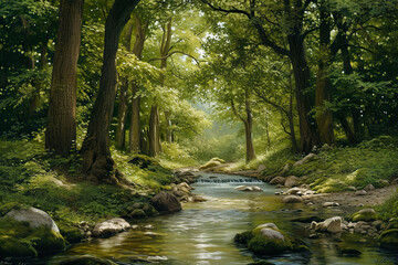 nature-inspired wallpaper featuring a serene forest scene with trees and a flowing river