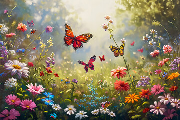 peaceful garden filled with blooming flowers and fluttering butterflies - obrazy, fototapety, plakaty