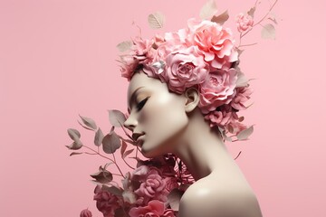Beautiful female face with floral wreath on her head on pink background, Ai Generated