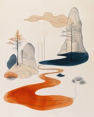 Abstract whimsical watercolor illustration of a child's imagination, featuring vibrant trees and majestic mountains in a cartoon like style.