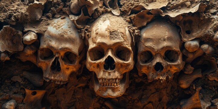 A Stack Of Skeletal Remains, A Haunting Symbol Of Human Mortality. Сoncept Dramatic Skull Photography, Symbolic Mortality Theme