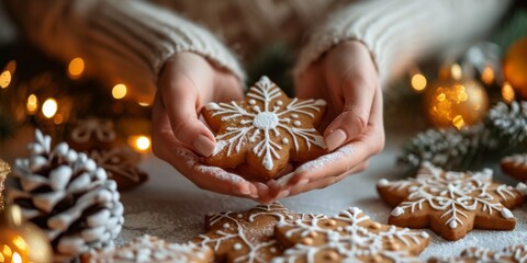 Fototapeta na wymiar A Womans Hands Delicately Shape Christmas Gingerbread Cookies Up Close. Сoncept Candid Moments Of Laughter, Serene Sunrise Scenery, Dynamic Urban Exploration, Whimsical Fairy Tale Portraits