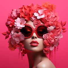 Fashion portrait of beautiful woman with flowers in her hair, Ai Generated