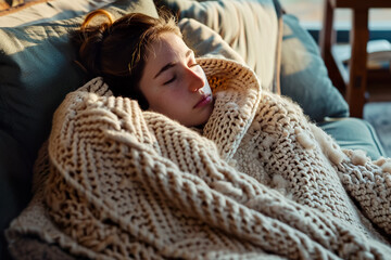 woman resting on the couch, with a blanket wrapped around her shoulders