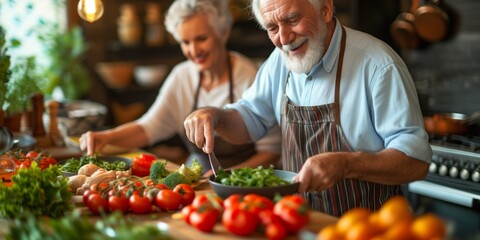 Active Seniors Preparing Nutritious Meals To Stay Fit And Vibrant. Сoncept Healthy Aging, Senior Fitness, Nutritious Cooking, Active Lifestyle, Vibrant Seniors - obrazy, fototapety, plakaty