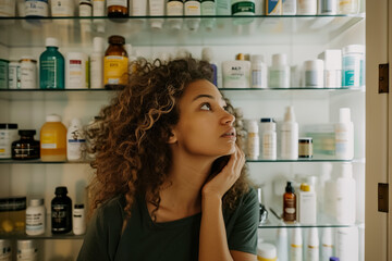 woman standing in front of the medicine cabinet, searching for pain relief