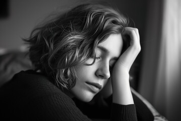 woman taking a break from work, with her head resting on her hands