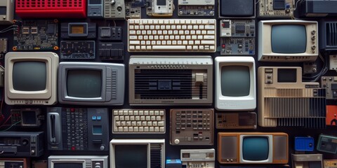 An Assortment Of Outdated Electronic Devices, Urging For Responsible Ewaste Disposal. Сoncept Retro Tech Collection, E-Waste Awareness, Responsible Disposal, Outdated Gadgets - obrazy, fototapety, plakaty