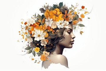 Portrait of beautiful young woman with flowers in her hair. Vector illustration, Ai Generated