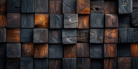 Artistic Arrangement Of Dark Wooden Blocks Forms Textured Backdrop. Сoncept Abstract Sculptures, Organic Shapes, Textured Patterns, Dark Wooden Art, Creative Arrangement
