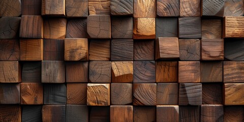 Artistic Arrangement Of Wooden Cubes On Wall For Dynamic Background Or Design. Сoncept Minimalist Abstract Paintings, Nature-Inspired Sculptures, Mixed Media Collages, Experimental Photography