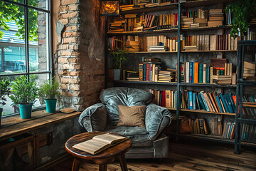 cozy reading nook with shelves filled with books and a comfortable armchair