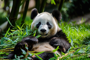 Fototapeta premium a cuddly panda eating bamboo and rolling on the grass --ar 3:2 --v 6 Job ID: 0cc4d509-4b3e-4ea2-90b5-7bd789a603c7