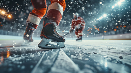 Hockey players legs wearing skates on ice rink of sport arena
