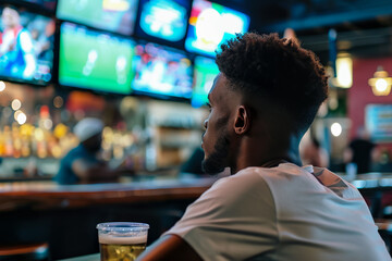 footballer watching the match in a sports bar, with a betting slip in his hand