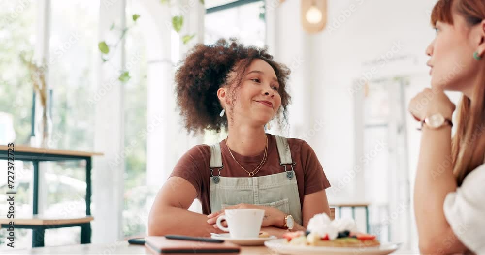 Sticker Conversation, breakfast and girl friends in coffee shop for bonding together with yummy food. Communication, discussion and young women talking, speaking and eating waffles in cafe or restaurant.