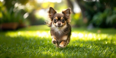 Obraz na płótnie Canvas Chihuahua Dog With Long Brown Hair Dashing Across Lush Green Lawn 3. Сoncept Pet Photography, Chihuahua Portraits, Action Shots, Lush Green Locations, Long-Haired Dog Breeds