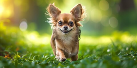 Chihuahua Dog With Long Brown Hair Dashing Across Lush Green Lawn. Сoncept Chihuahua Dog, Long Brown Hair, Lush Green Lawn, Playful Pup, Energetic Dash