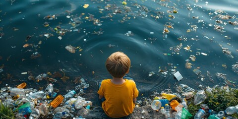 Child Overlooking Extensive Plastic Pollution In Water From Behind. Сoncept Environmental Crisis, Plastic Pollution, Child's Perspective, Ecological Impact, Need For Change
