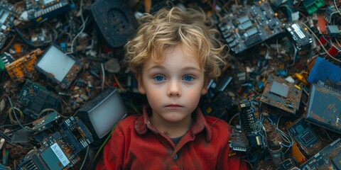 Child Surrounded By Electronic Waste, Highlighting Environmental Impact Of Technology Consumption. Сoncept Electronic Waste, Environmental Impact, Technology Consumption, Recycling Electronics