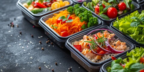 Convenient And Nutritious Lunch Boxes For A Wellbalanced Diet And Home Delivery. Сoncept Healthy Meal Prep, On-The-Go Nutrition, Balanced Diet, Home Delivered Lunch Boxes - obrazy, fototapety, plakaty