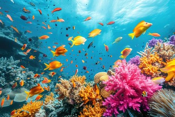 Obraz na płótnie Canvas A vibrant coral reef teems with a variety of fish, creating a lively underwater ecosystem, A coral reef teeming with brightly colored fish, AI Generated