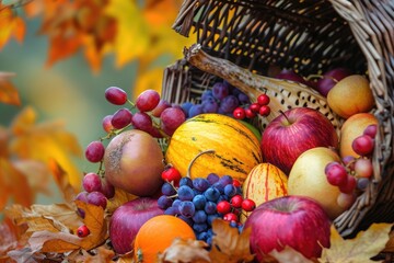 Naklejka na ściany i meble Assorted Fruit Basket, A cornucopia filled with autumn harvest to symbolize Thanksgiving bounty, AI Generated