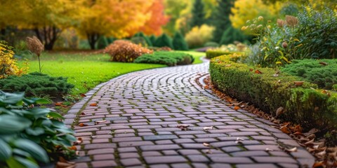 Curved Path Made Of Bricks Leading Through Picturesque Garden Landscape. Сoncept Enchanting Brick Path, Picturesque Garden Landscape, Curved Walkway, Tranquil Garden Oasis, Charming Garden Path