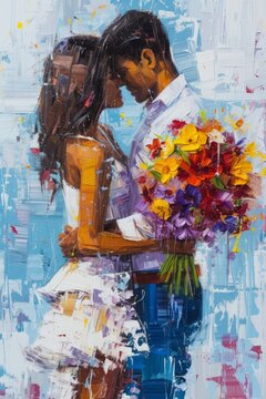 Picture of a loving couple in an embrace, a girl holding a bouquet of flowers, blue background. Romantic love concept. Valentine's Day, Women's Day.