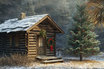 A log cabin with a festive Christmas tree standing in front, surrounded by snow, A cozy log cabin in a forest with a Christmas wreath on the door, AI Generated