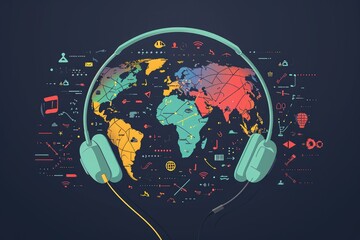 A close-up photo of a headphone adorned with a detailed world map, showcasing the fusion of technology and global connectivity, A creative depiction of the global reach of podcasts, AI Generated