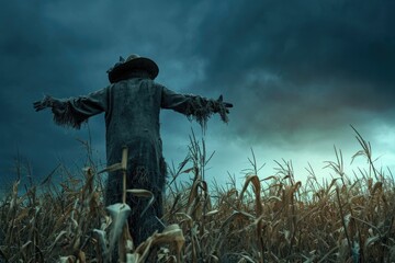 A scarecrow stands amidst a field of corn as dark storm clouds loom overhead, A creepy scarecrow standing in a barren cornfield on Halloween night, AI Generated