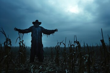 A scarecrow stands tall amidst a vast cornfield, illuminated by the moonlight, A creepy scarecrow standing in a barren cornfield on Halloween night, AI Generated