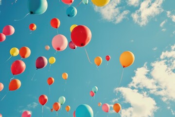 A bunch of colorful balloons float in the air against a blue sky, creating a vibrant and festive scene, A crescendo of colorful balloons ascending towards the sky, AI Generated