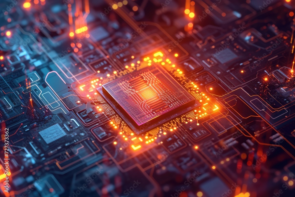 Poster processor chip on top of circuit board, a data-driven visual representation of cutting-edge quantum 